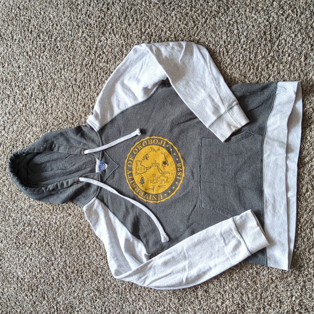 Gray and White Women's hoodie sweatshirt University of Okoboji, Iowa